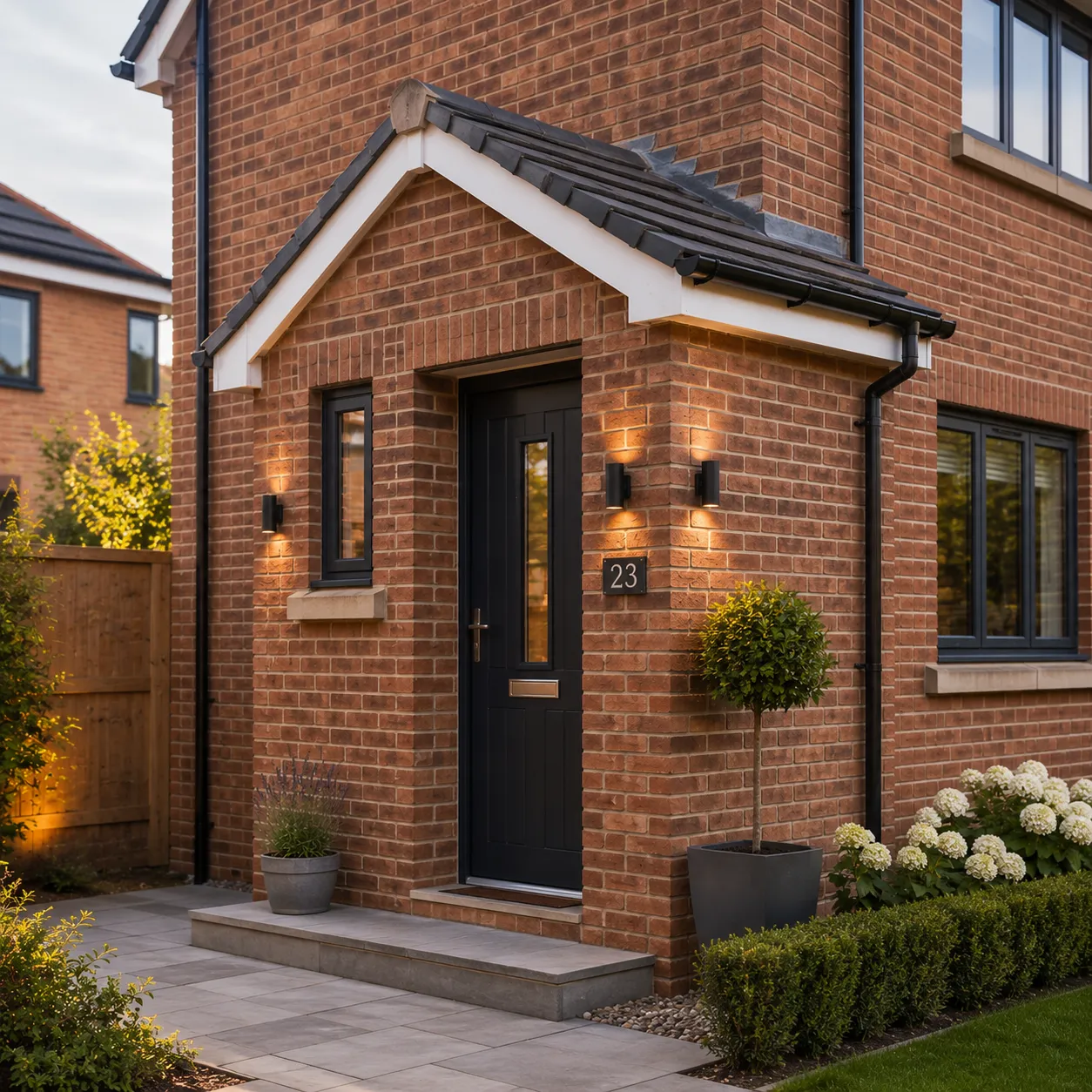 A brick-built porch with a pitched tiled roof and matched brickwork over a black front door, on a modern home