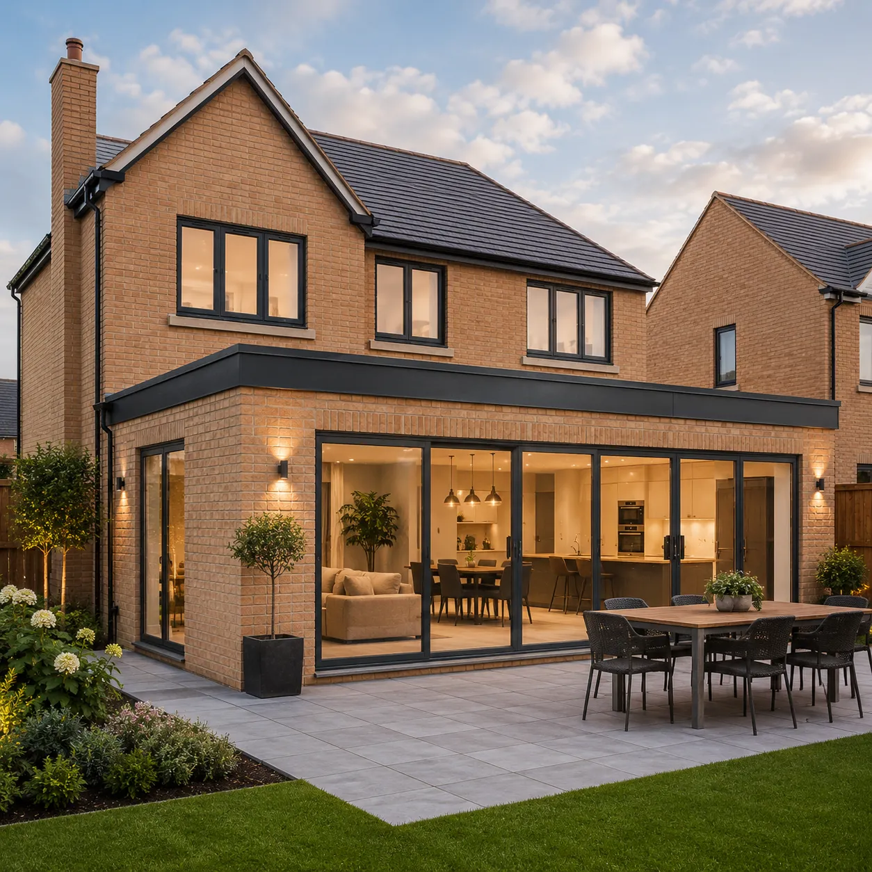 A completed detached new-build home at dusk, with a bright open-plan kitchen and living space seen through bi-fold doors onto a paved garden