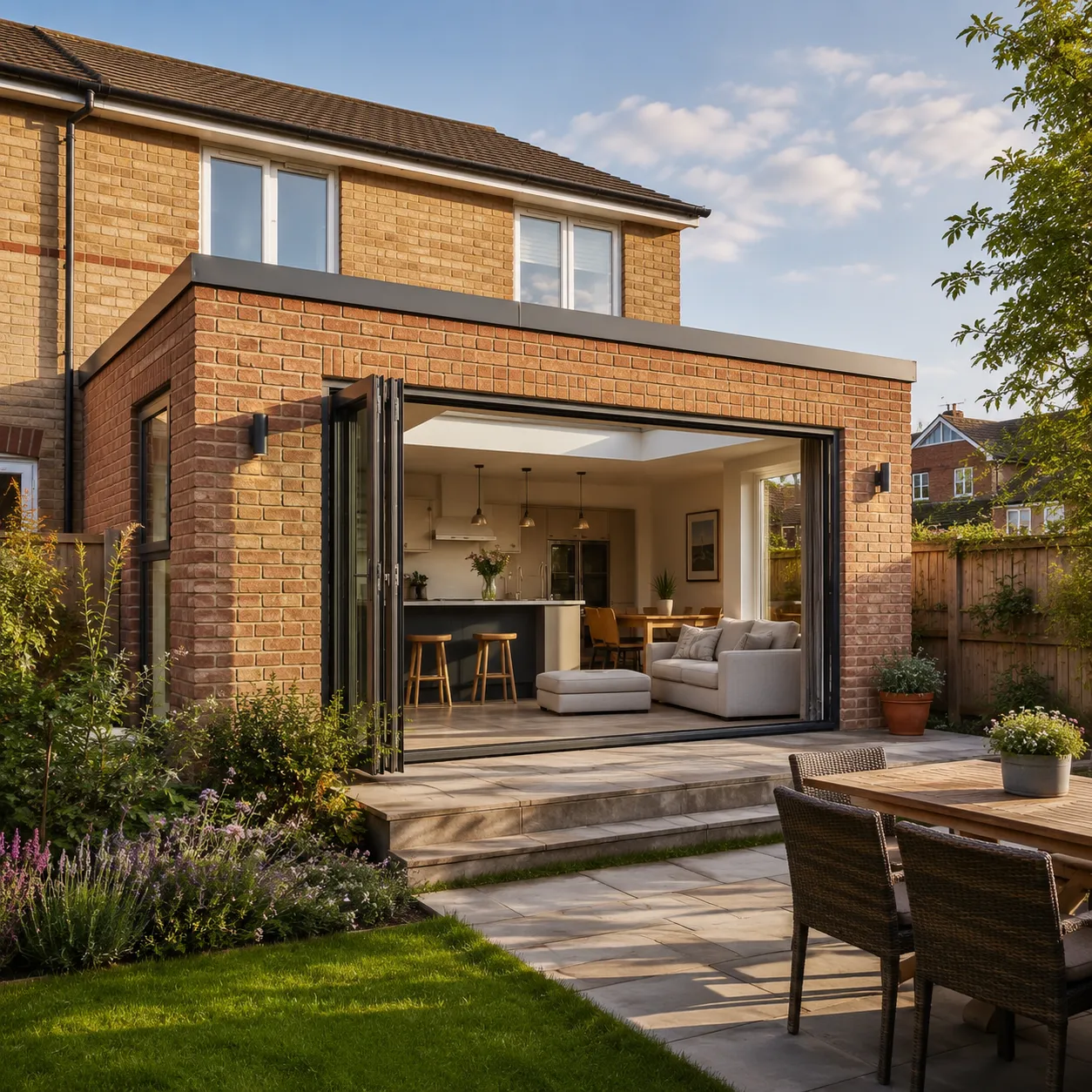 A single-storey rear extension with bi-fold doors open onto the garden and patio, opening up a bright kitchen-diner