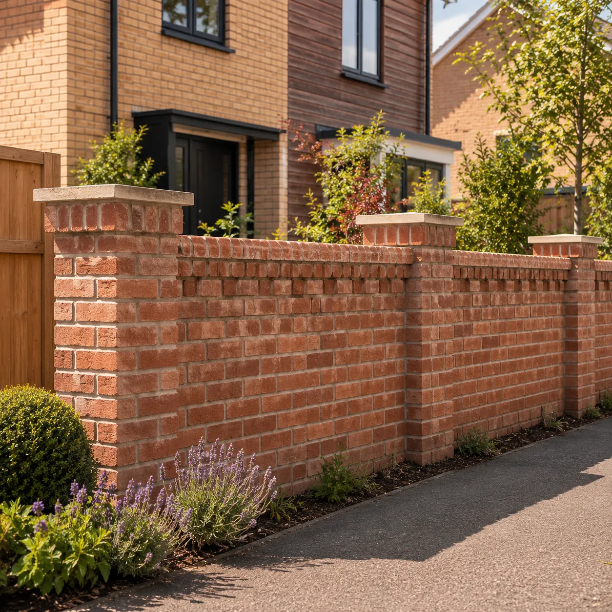 A red-brick garden boundary wall with brick piers, stone copings and a soldier-course detail, in front of a modern home