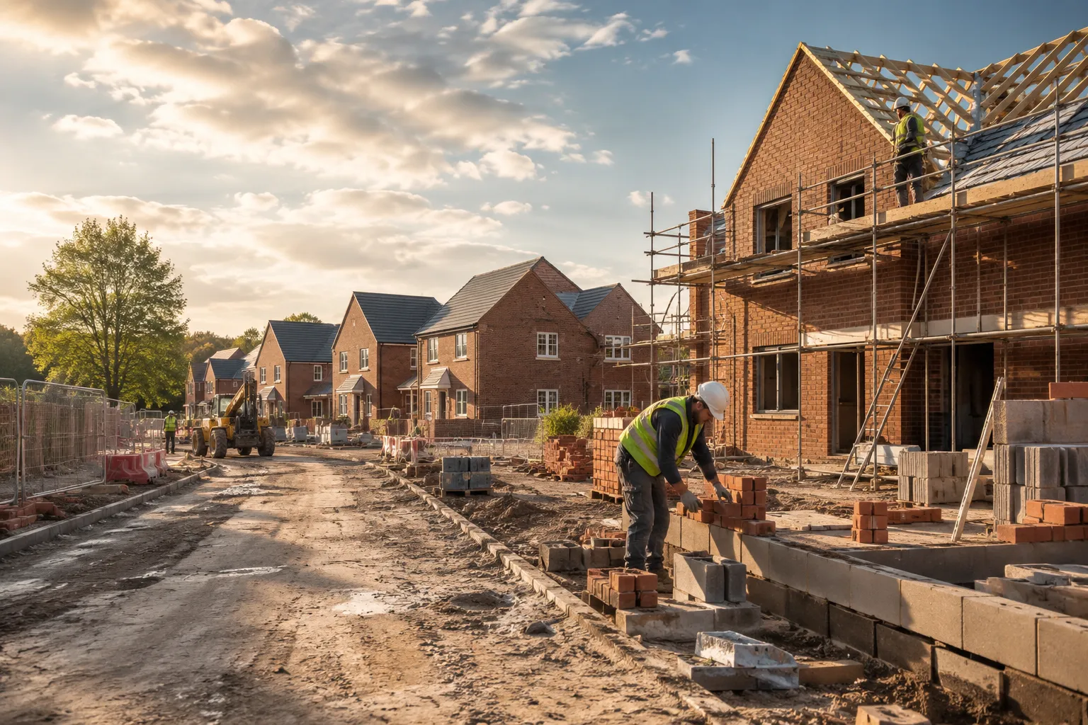 A bricklayer laying bricks on a new-build home near Cambourne, South Cambridgeshire at sunset, with a terrace of finished brick houses and scaffolding behind