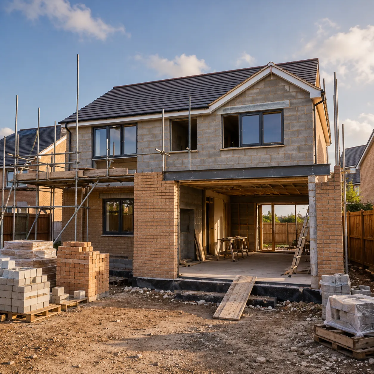 A new-build detached house under construction, with scaffolding, blockwork and brickwork in progress and pallets of bricks on site
